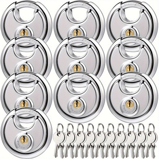 Padlocks with Same Key - 10pcs Stainless Steel Disc Lock Set, Keyed Alike Discus Pad Lock 2-3/4 Inch Wide 3/8 Inch Shackle, Outdoor Weatherproof Lock for Storage Unit, Shed, Garage, Gate & Fence