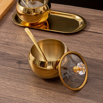 Stainless Steel Spice Jar Set with Tray and Spoon Golden Seasoning Containers for Salt Pepper Coffee Kitchen Organizer 2 or 3 Piece