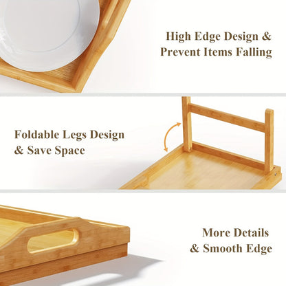 Bamboo Bed Tray Table with Folding Legs & Handles – Breakfast Sofa Lap Desk, 19.32" x 11.83", Natural Bamboo