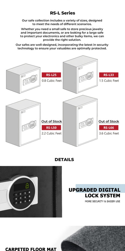 Fireproof Home Safe Box with Digital Keypad and Key Lock Heavy Duty Steel Security Safe for Money Documents Valuables Jewelry Passports 0.23 0.8 1.5 2.2 Cubic Feet Multiple Colors with Cash Bag