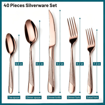 Stainless Steel Flatware Set 40/48 Piece – 304 Silverware Set for 8 Hammered Mirror Polished Rose Gold Cutlery with 2-in-1 Serrated Knife Dishwasher Safe Modern Utensils for Home Restaurant Wedding