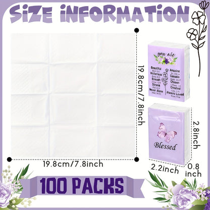 Christian Blessed Pocket Tissues 100 Pack 3-Ply Purple Butterfly Lavender Floral Design 7 Sheets Per Pack for Weddings Graduation Church Events Travel Gifts
