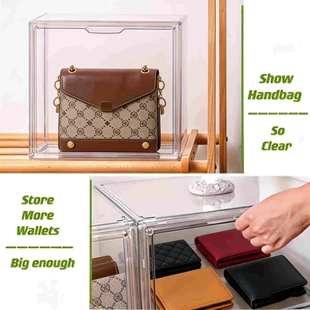 Clear Purse Organizer for Closet – Transparent Acrylic Handbag Display Case with Magnetic Door, Dustproof Stackable Storage Box for Purses, Bags, Collectibles & Cosmetics, Set of 3