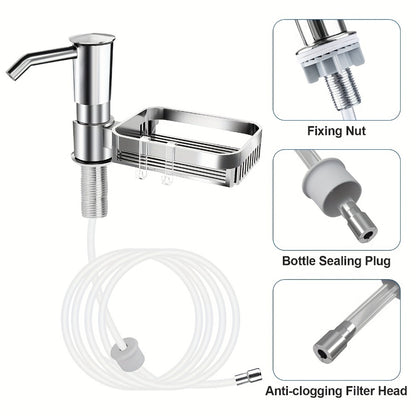 Kitchen Soap Dispenser Set with Sponge Holder & 39" Extension Tube, 360° Rotating Pump, No-Drill DIY Install for Kitchen Sink Bathroom Counter & Laundry Room, Fits 24-40mm Countertop Holes