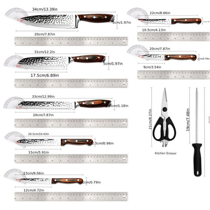 Kitchen Knife Set 15 Piece – Chef Knife Block Set with Self-Sharpening Wooden Block, Steak Knives & Hammered Stainless Steel Blades, Perfect Gift for Home Cooks & Men