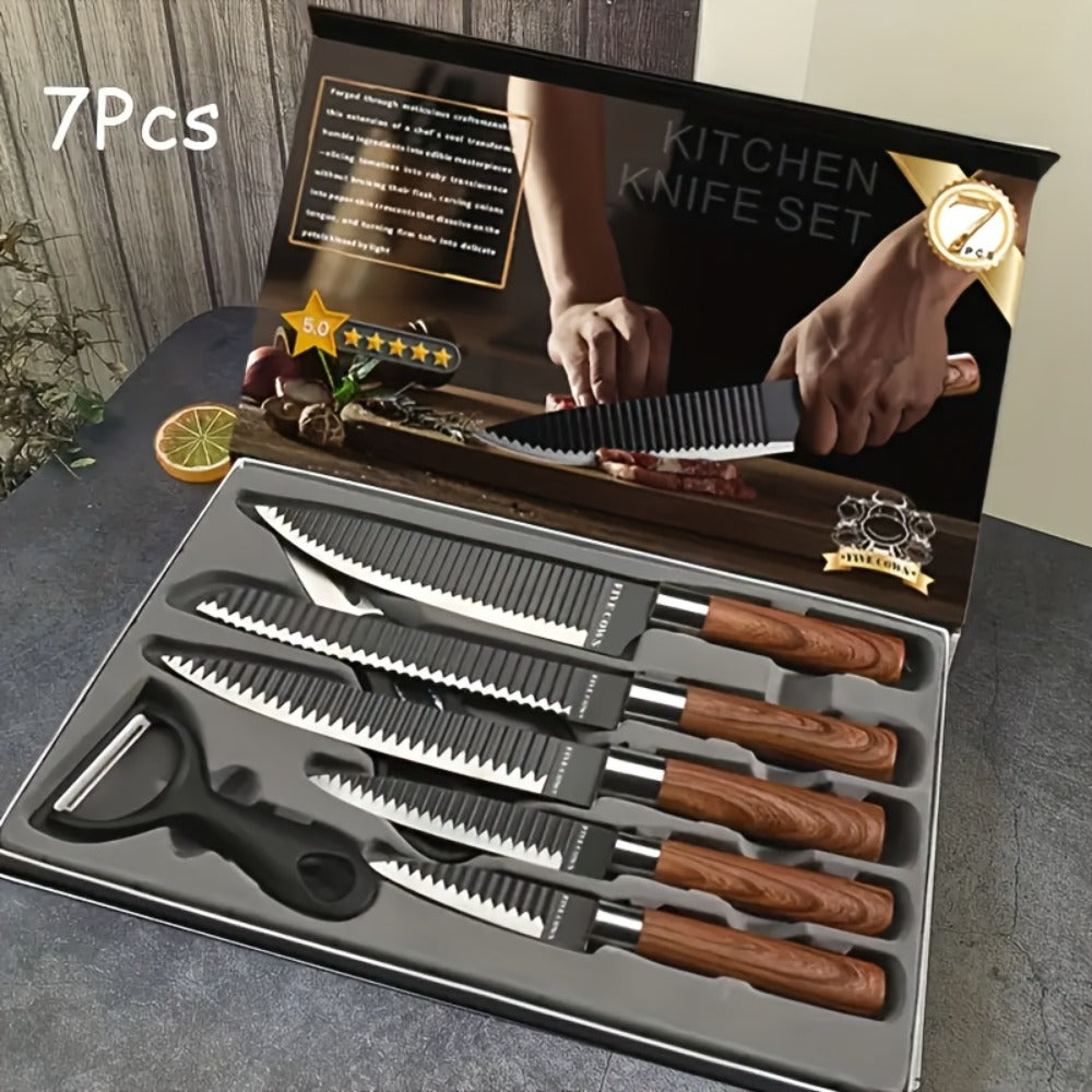 Kitchen Knife Set 6 & 7-Piece High-Carbon Stainless Steel with Ergonomic Wooden Handles – Ultra-Sharp Chef's Knife, Peeler & Scissors