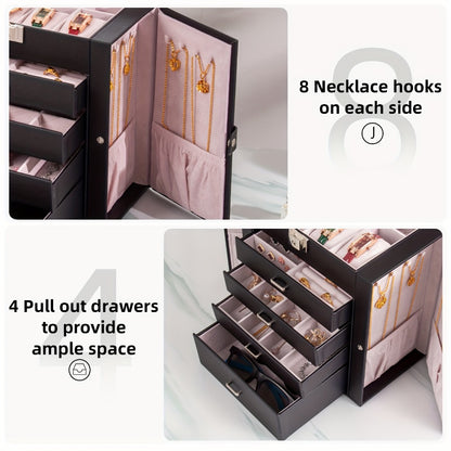Large Jewelry Box 5-Tier PU Leather Organizer with Lock & Mirror – Storage Case for Bracelets, Earrings, Rings & Necklaces