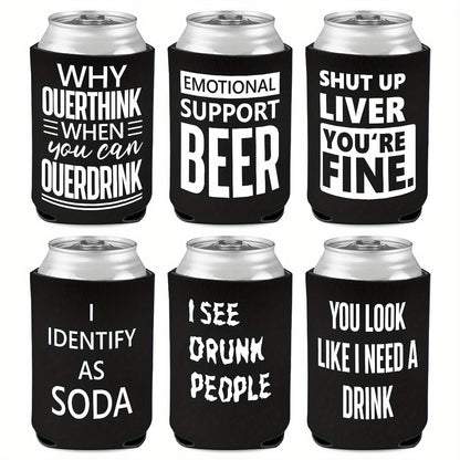 6-Pack Neoprene Beer Can Coolers with Funny Drinking Phrases - Insulated Drink Sleeves for Soda & Lager - Durable Cylindrical Can Huggers for Bachelorette, Oktoberfest & Camping Parties