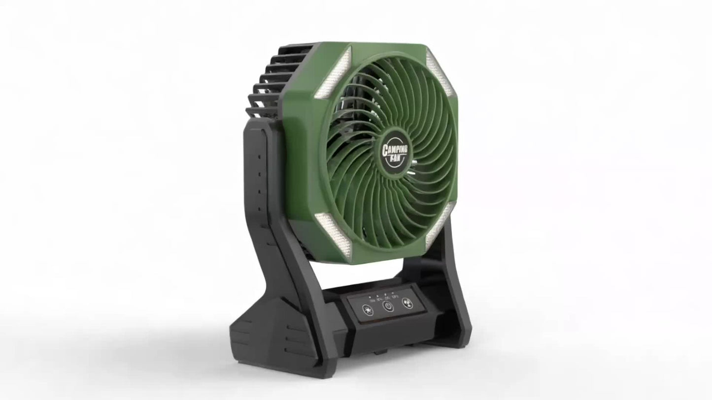 Camping Fan 20000mAh with LED Light and Brushless Motor, 4-Speed 180° Oscillating Portable Outdoor Fan, 22-26H Long Runtime Anti-Slip Base, 3-in-1 Table Fan for Camping, Hiking, Picnic and Emergency