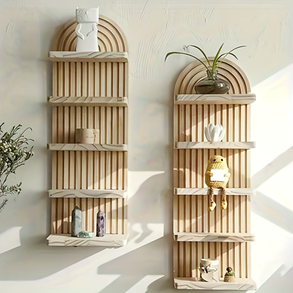 Boho Wooden Wall Shelf Floating Plant Shelf – 3 or 5 Tier Oval Hanging Flower Pot Rack, Minimalist Bedroom Living Room Storage Display Shelf, Wall-Mounted Wood Decor for Home & Apartment
