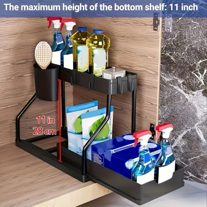 Under Sink Organizer 2-Tier Sliding Cabinet Basket with Hooks – Adjustable Bathroom Kitchen Shelf Storage Rack for Cabinets