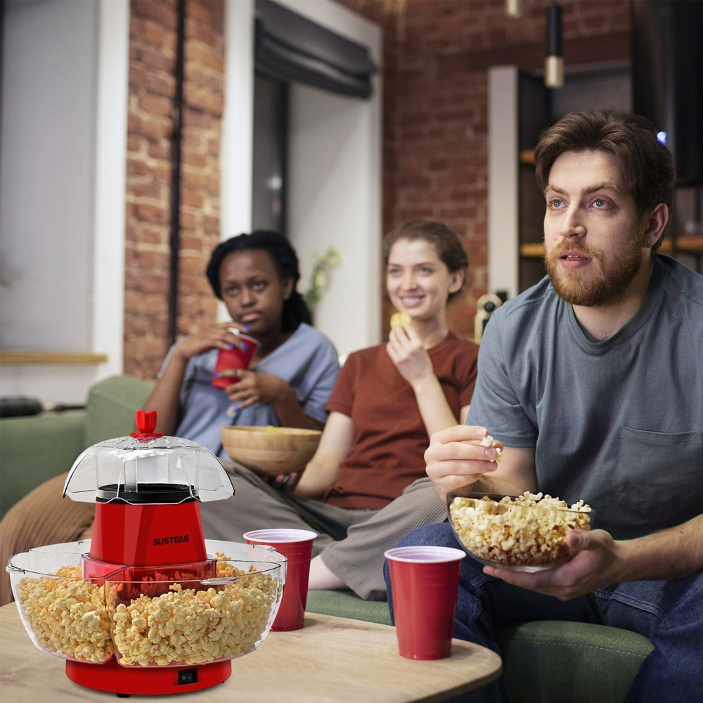 Hot Air Popcorn Maker with 4 Bowls – Oil-Free Electric Popcorn Machine 95% Pop Rate Ready in 3 Min | Portable Popcorn Popper for Movie Night Family Gatherings Parties Home Theater Kitchen Use Red