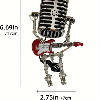 Vintage Microphone Robot Guitar Lamp USB Powered – Retro Decorative Night Light for Music Lovers, Guitar Players, Home, Bar & Office Desk Decor (Red / Yellow)