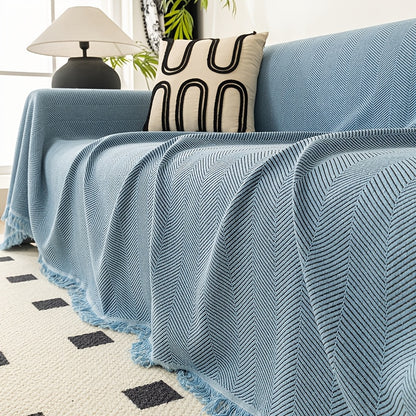 Herringbone Sofa Throw Cover with Tassels Jacquard Woven Solid Color Washable Polyester Sofa Blanket Slipcover for 3 4 Seater Couch Living Room - Grey Coffee Green Blue