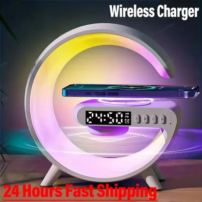 Wireless Charger with RGB Night Light – 4-in-1 Bluetooth Speaker Alarm Clock Wake Up Light, 256 RGB Colors, Qi Fast Charging for iPhone Samsung, Bedside Nightstand Lamp