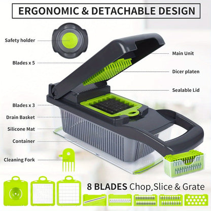 Vegetable Chopper 16-in-1 Manual Food Chopper Set – 8 Interchangeable Blades with Container, Grater & Strainer – Professional Onion Slicer & Dicer for Carrots, Garlic & Salad Kitchen Prep