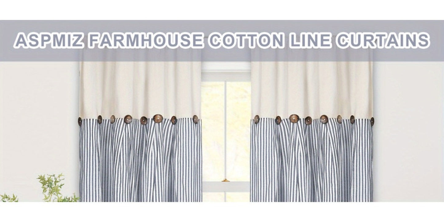 Semi Sheer Curtains Bohemian Linen Cotton Patchwork Grommet Top Window Drapes for Bedroom Living Room Kitchen Bathroom Cafe - Boho Country Cottage Style 4 Seasons 1 or 2 Panels