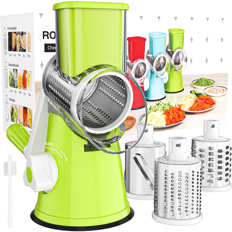 Rotary Cheese Grater with Hand Crank – 3 Interchangeable Blades for Cheese, Vegetables & Nuts, Non-Slip Suction Base, Includes Cleaning Brush – Manual Cheese Shredder for Kitchen (6 Colors)