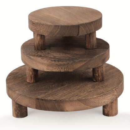 Wooden Display Riser Stands 3pcs Set Rustic Multi-Tier Cake Stand with Sleek Legs - Natural Wood Finish Decorative Organizer for Home Decor Tiered Tray Shelf Tabletop