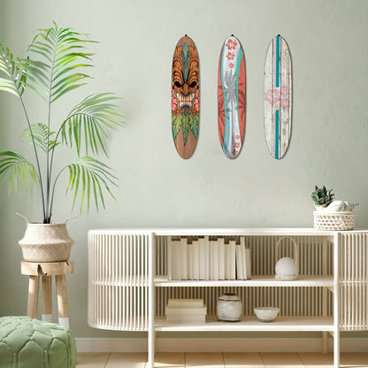 Wooden Surfboard Wall Art 15.74" – Rustic Tropical Beach Decor with Hibiscus & Tiki Mask Design, Frameless Recycled Wood Wall Hanging for Hawaiian Bar, Home, Summer & Vacation Theme Decor