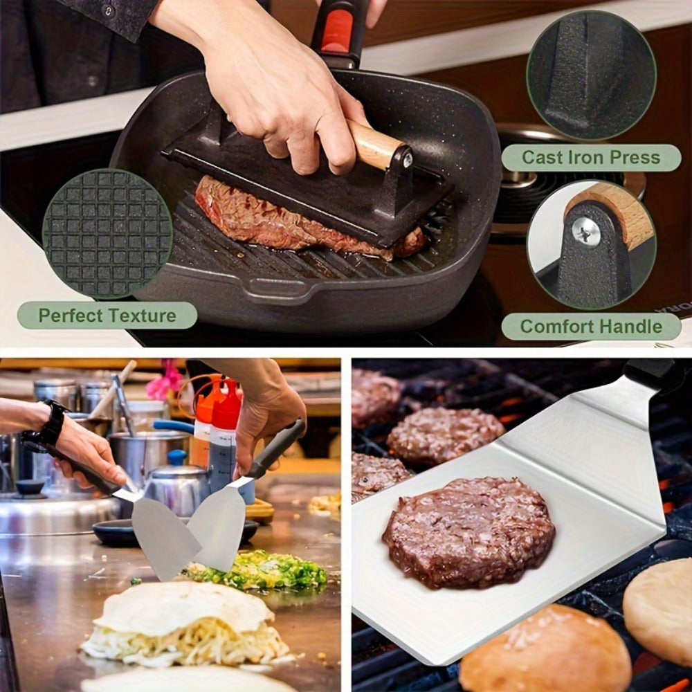 BBQ Grill Tool Set 8/17pcs – Teppanyaki Meat Press & Barbecue Accessories for Outdoor Camping, Kitchen & Parties