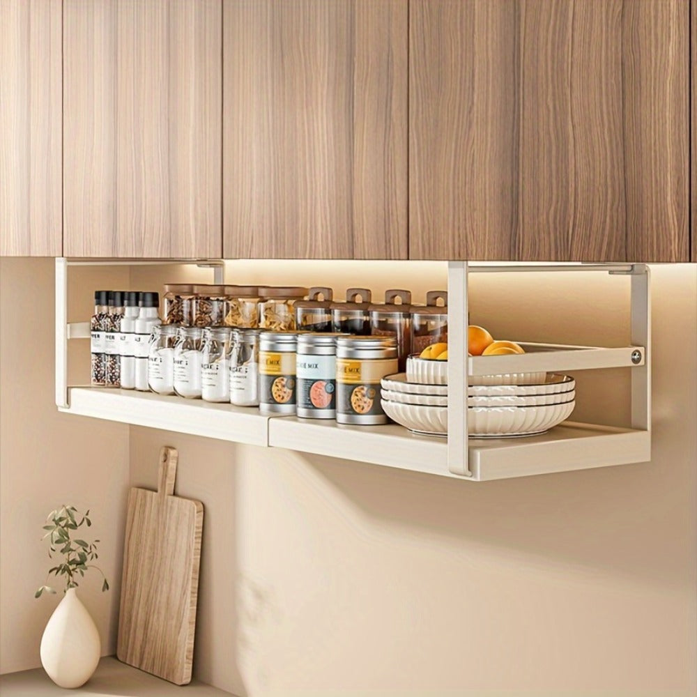 Expandable Cabinet Shelf Organizer Riser – Height Adjustable Retractable Rack with Suction Cup Base for Kitchen Pantry Cupboard Under Sink Countertop, Heavy Duty Metal Space Saver, Stackable Storage