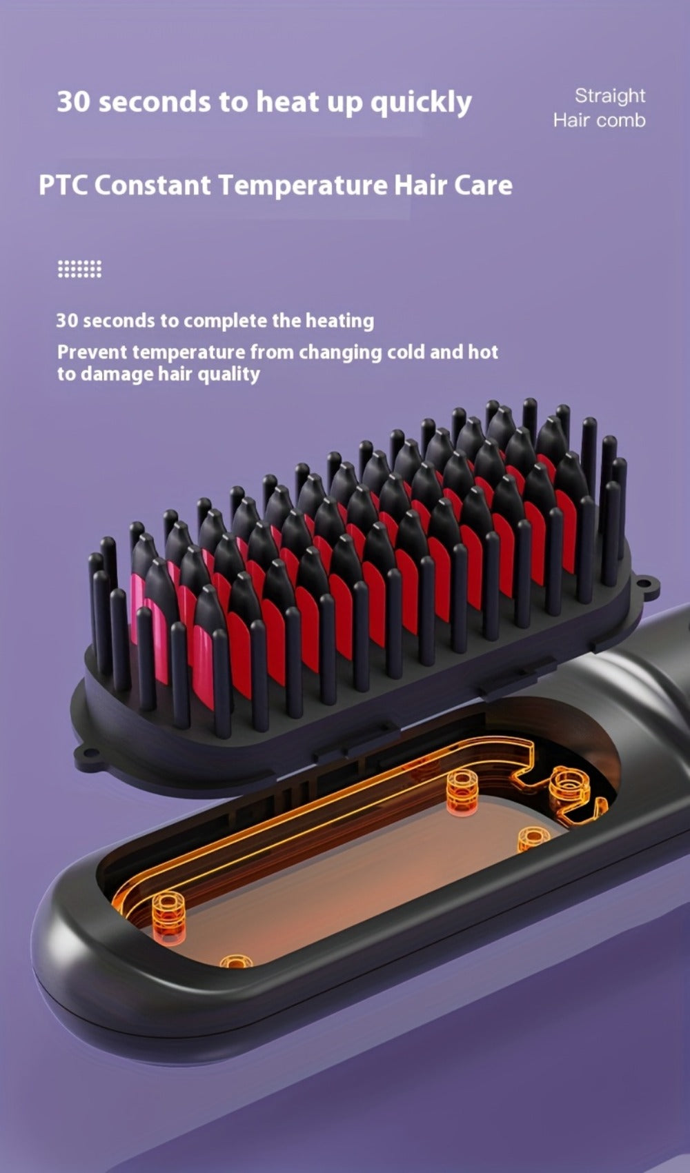 Wireless Hair Straightener Comb - Portable Cordless Straightening Brush with 3-Min Fast Heat, 3 Temp Settings 170-190°C, Negative Ion Technology, 3D Comb Design, Lightweight Travel Hair Straightener