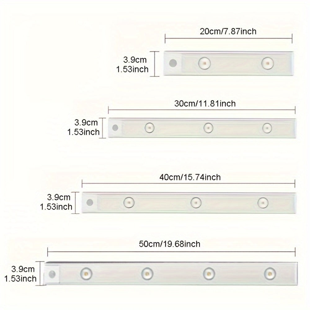Motion Sensor LED Strip Light USB Rechargeable – 3-Color Dimmable Wireless Night Light for Kitchen, Wardrobe, Cabinet, Shoe Cabinet & Bedroom (20cm / 30cm / 40cm / 50cm, 1 or 2 Pack)
