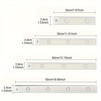 Motion Sensor LED Strip Light USB Rechargeable – 3-Color Dimmable Wireless Night Light for Kitchen, Wardrobe, Cabinet, Shoe Cabinet & Bedroom (20cm / 30cm / 40cm / 50cm, 1 or 2 Pack)