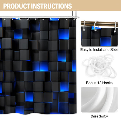 Shower Curtain Set with 12 Hooks & Toilet Seat Cover, 4-Piece Bathroom Set Dark Blue Geometric Abstract Cube Pattern, Modern Waterproof Bath Curtain Set for Bathroom Decor