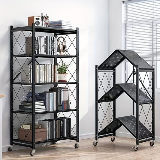 3/4/5-Tier Wheeled Storage Rack with Shelves – Foldable Floor-Standing Utility Organizer