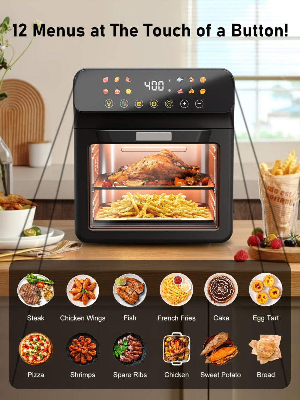 Air Fryer Convection Oven 12QT – 12-in-1 Multi-Function, Touchscreen, Visible Window, Oil-Free Non-Stick Basket, One-Touch Operation, Baking, Roasting, Dehydrating & Fast Cooking