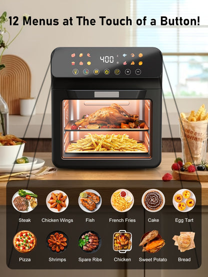 Air Fryer Convection Oven 12QT – 12-in-1 Multi-Function, Touchscreen, Visible Window, Oil-Free Non-Stick Basket, One-Touch Operation, Baking, Roasting, Dehydrating & Fast Cooking