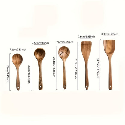 Wooden Kitchen Utensils Set – Natural Wood Spoon Spatula & Wok Spatula with Ergonomic Handle, Heat-Resistant Non-Stick Safe Cooking Tools, Easy to Clean Durable Kitchen Essentials (5 / 6 / 10 Piece Sets)
