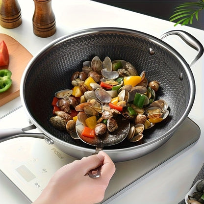 Stainless Steel Wok Set 13.3 Inch Non-stick Honeycomb Design with Lid & 2 Cookware Accessories – Induction Compatible Cooking Pan for Electric Ceramic Gas Stove, Dishwasher Safe