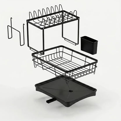 2-Tier Dish Drying Rack with Drainboard & Mat – Metal Dish Rack for Kitchen Counter with Knife Fork Cup Holder