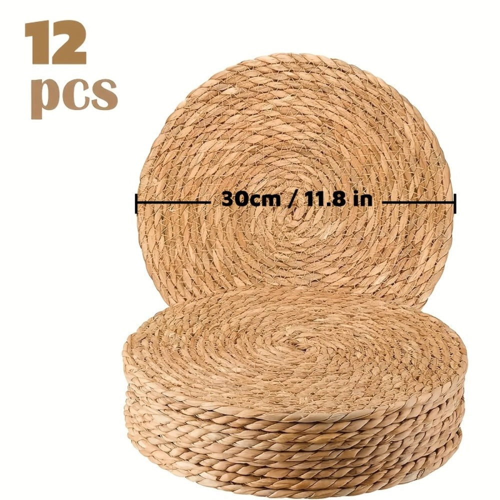 12pcs Rattan Placemats Natural Wicker Round Table Mats Heat-Resistant Non-Slip 11.8" Kitchen Dining Decor Bohemian