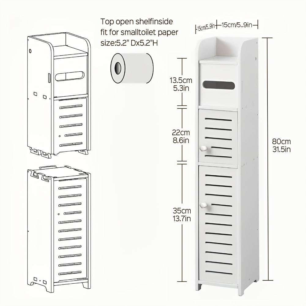 Slim Bathroom Storage Cabinet – PVC Toilet Paper Holder & Organizer for Small Spaces, Easy Assembly, Multi-Room Use, Bedroom & Living Room