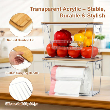 Clear Acrylic Trash Bag Dispenser Stackable with Bamboo Lid Extra Large Kitchen Organizer for Under Sink Laundry Room Pantry Holds 13 30 33 Gallon Bags 1 2 or 4 Pack