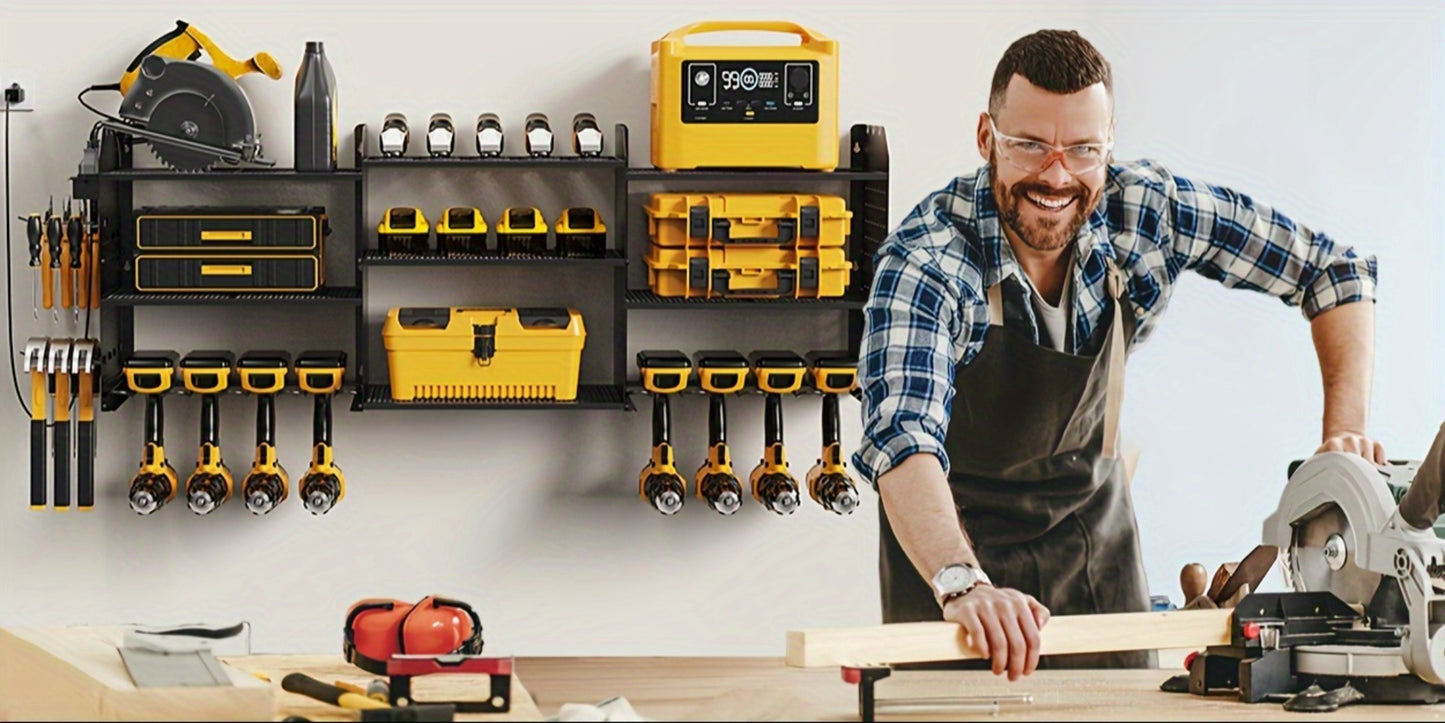 Power Tool Organizer Wall Mount with Charging Station | 3-Layer Cordless Drill Holder Storage Rack 45.5 Inch Heavy Duty – Adjustable Garage Tool Shelf for Workshop & Tool Room