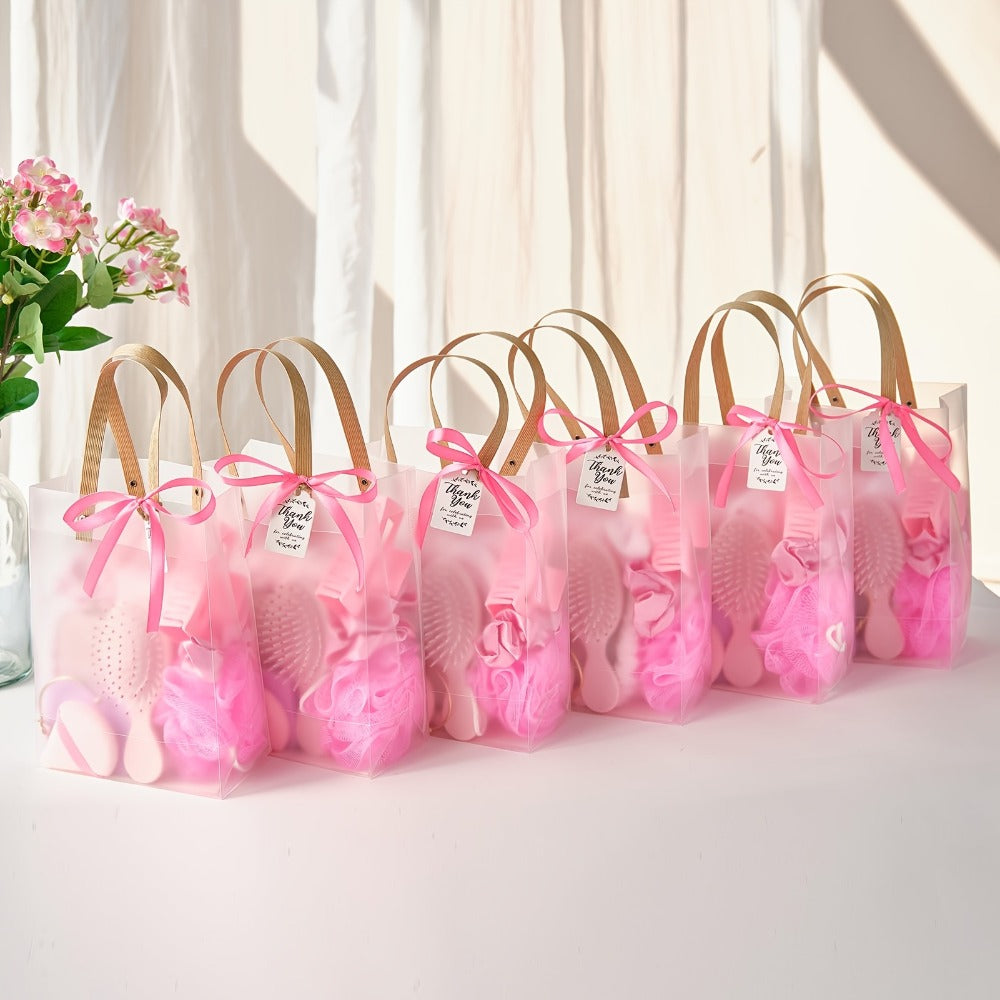Party Favor Gift Set 74pcs – Headbands, Hair Brushes, Bracelets, Mirrors, Powder Puffs, Hair Ties, Clips, Bath Sponges & Jewelry Boxes with Gift Bags for Bridal Shower, Wedding, Christmas & Events (Pink/Blue)