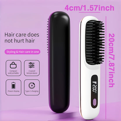 Cordless Hair Straightening Brush – Mini Rechargeable Portable Straightener Comb for Travel Daily Styling, Fast Heating Anti-Scald Frizz Control for All Hair Types, Black & White