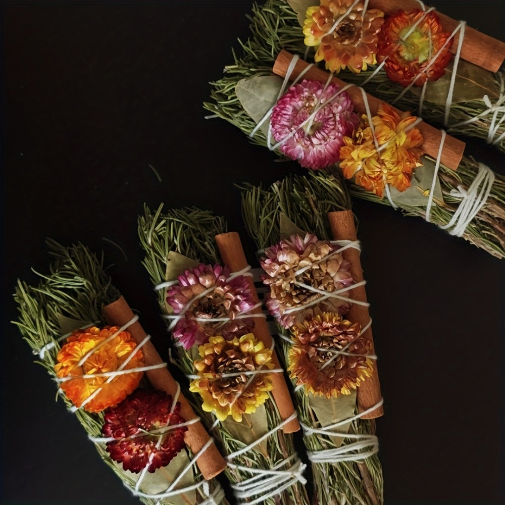 Rosemary Cinnamon Dried Flower Bundles 5pcs – Handmade Aromatic Home Decor Sticks with Bay Leaves & Daisies, Festival Gift