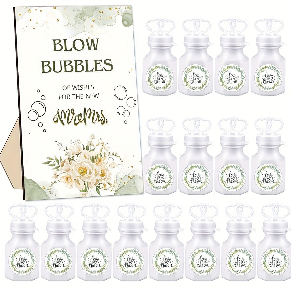 Wedding Bubble Bottle Party Favor Set 50 Mini Bottles with Wooden Sign & Stickers – Liquid-Free for Weddings Birthdays Showers