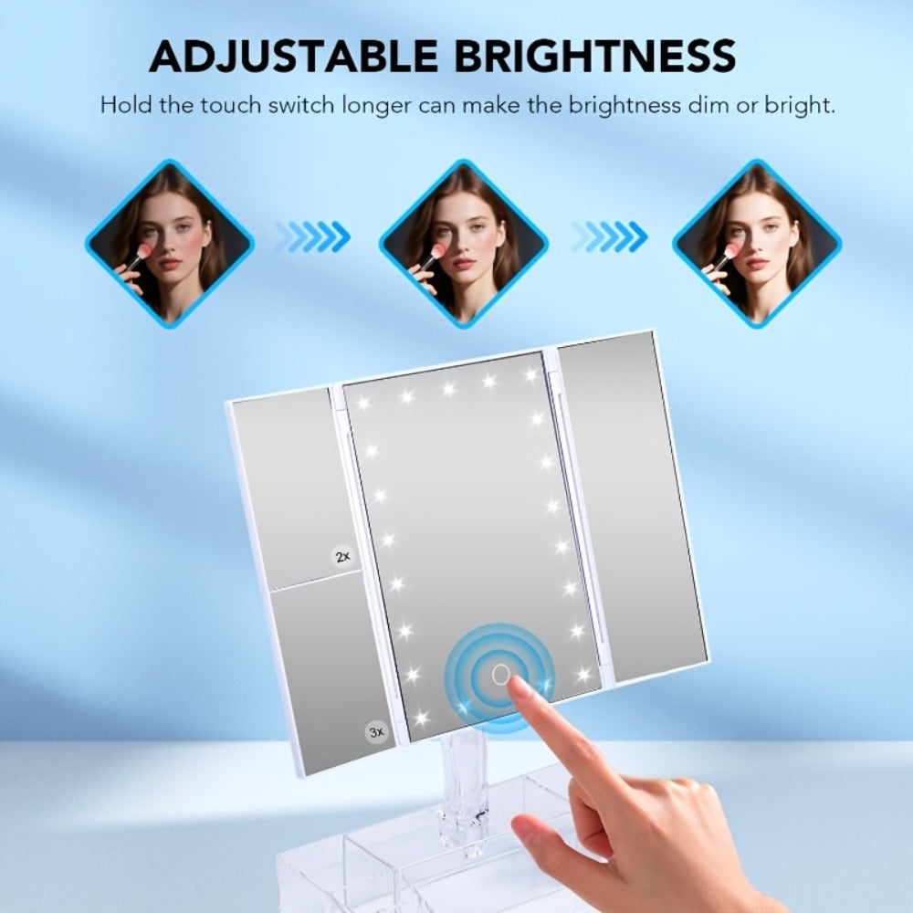 Lighted Makeup Mirror with Storage – Tri-Fold Vanity Mirror 24 LED Lights, Touch Screen, 3X/2X/1X Magnification, 180° Rotation, Dual Power Supply, White & Rose Gold
