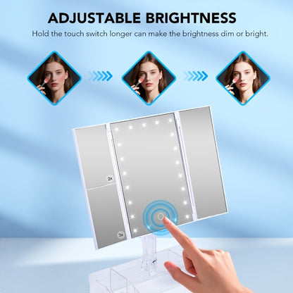 Lighted Makeup Mirror with Storage – Tri-Fold Vanity Mirror 24 LED Lights, Touch Screen, 3X/2X/1X Magnification, 180° Rotation, Dual Power Supply, White & Rose Gold