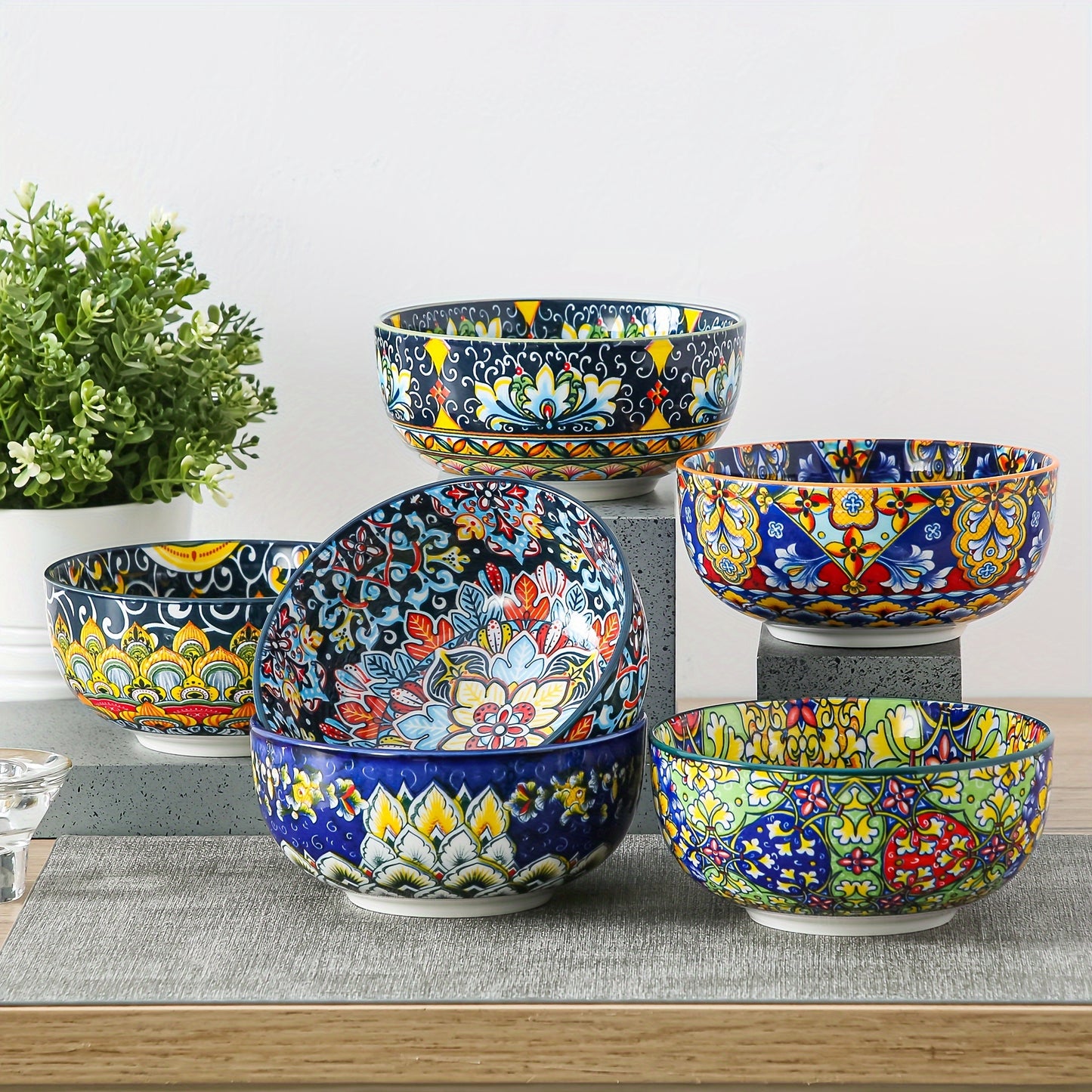 Cereal Bowl Set of 6 Bohemian Style 26oz – Colorful Ceramic Bowls for Cereal Soup Oatmeal Salad Ice Cream Pasta Microwave Dishwasher Safe Boho Kitchen Decor Gift for Home