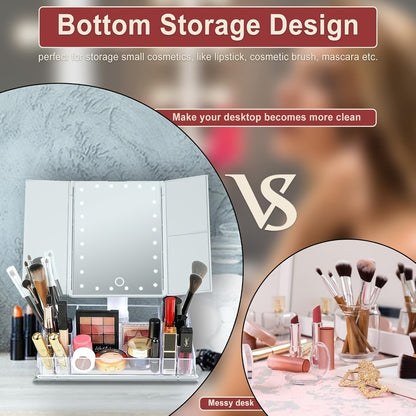 Lighted Makeup Mirror with Storage – Tri-Fold Vanity Mirror 24 LED Lights, Touch Screen, 3X/2X/1X Magnification, 180° Rotation, Dual Power Supply, White & Rose Gold