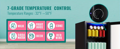 Beverage Refrigerator with Glass Door, Mini Drink Cooler Fridge with Blue LED Light, 3 Adjustable Shelves & R600a Compressor – 1.7 or 3.5 Cu Ft Freestanding Bar Fridge for Home, Office, Dorm and Bar