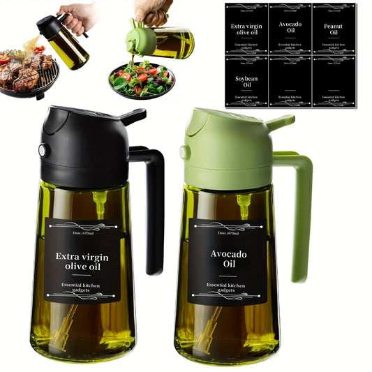 Olive Oil Dispenser Bottle 2-in-1 Glass Oil Sprayer & Dispenser 16oz Kitchen Cooking Oil Bottle with Labels for BBQ, Salad, Air Fryer & Grilling – 2 Pack